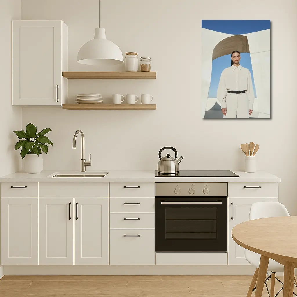 Woman Cream Outfit Minimalist Architectural Setting – Wall Art