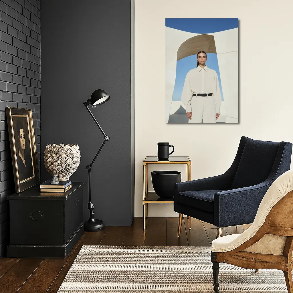 Woman Cream Outfit Minimalist Architectural Setting – Wall Art