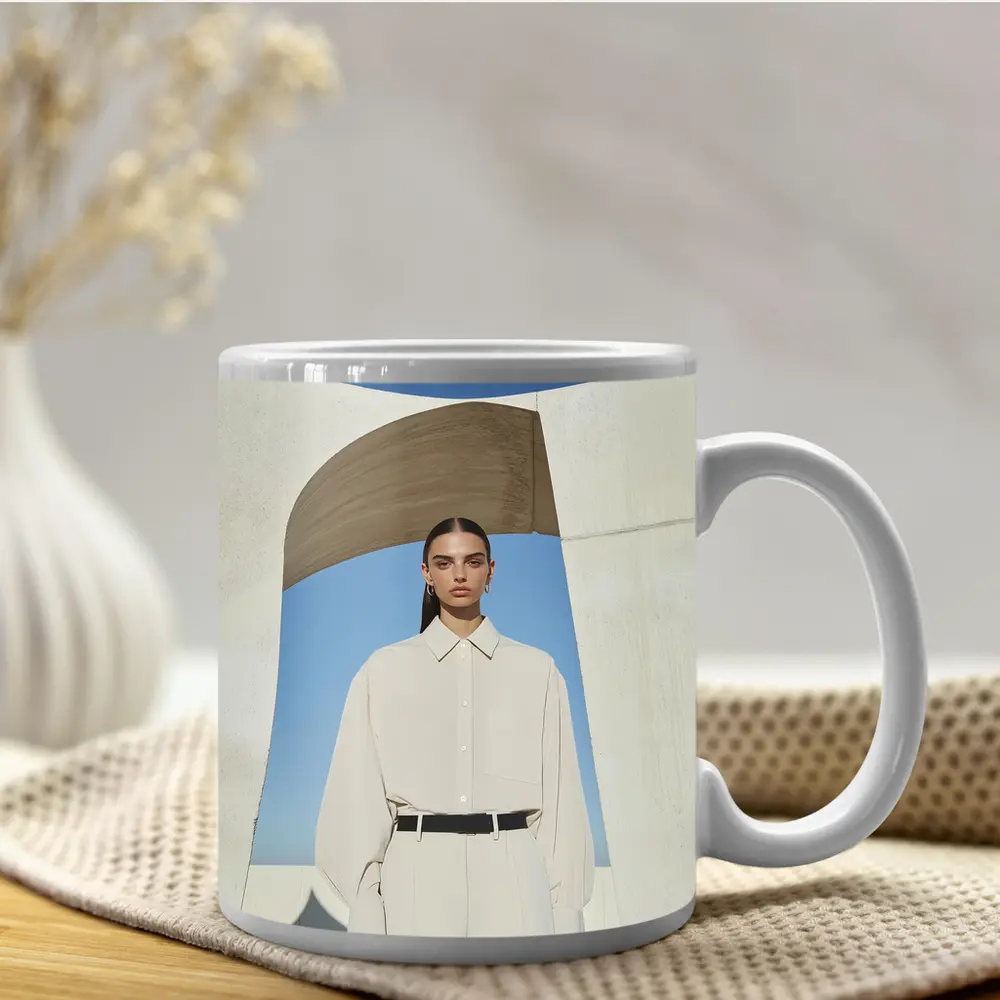 Woman Cream Outfit Minimalist Architectural Setting – Mugs