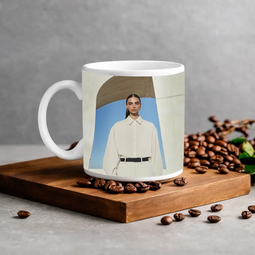 Woman Cream Outfit Minimalist Architectural Setting – Mugs