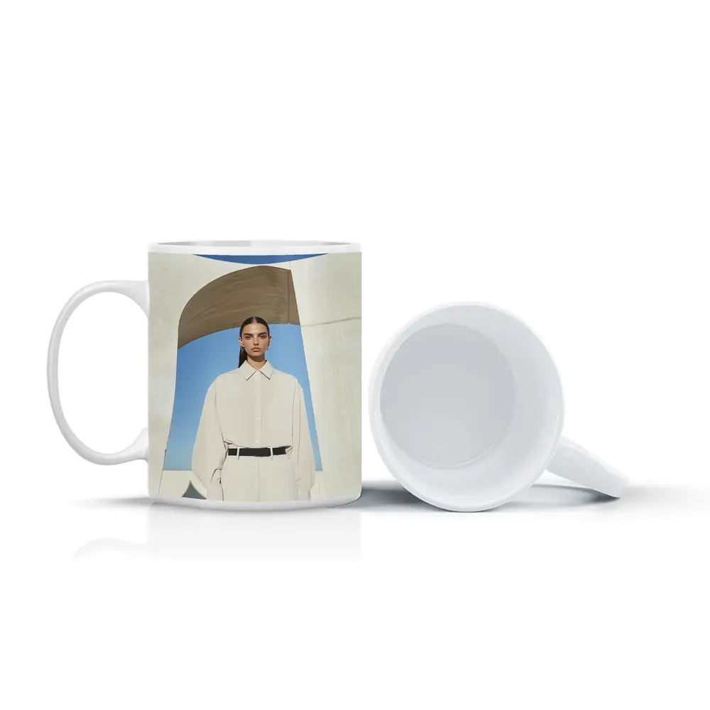 Woman Cream Outfit Minimalist Architectural Setting – Mugs