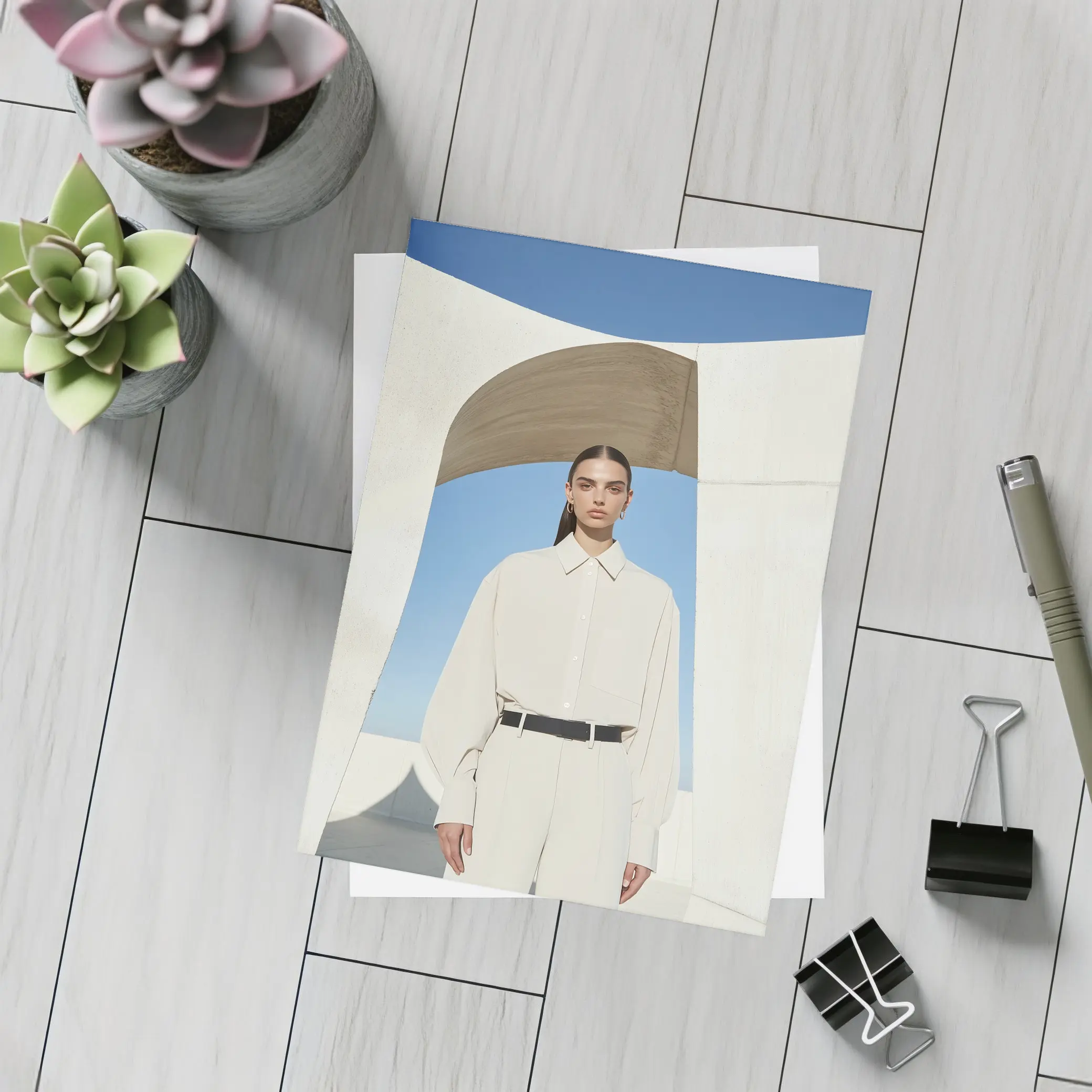 Woman Cream Outfit Minimalist Architectural Setting – Postcards