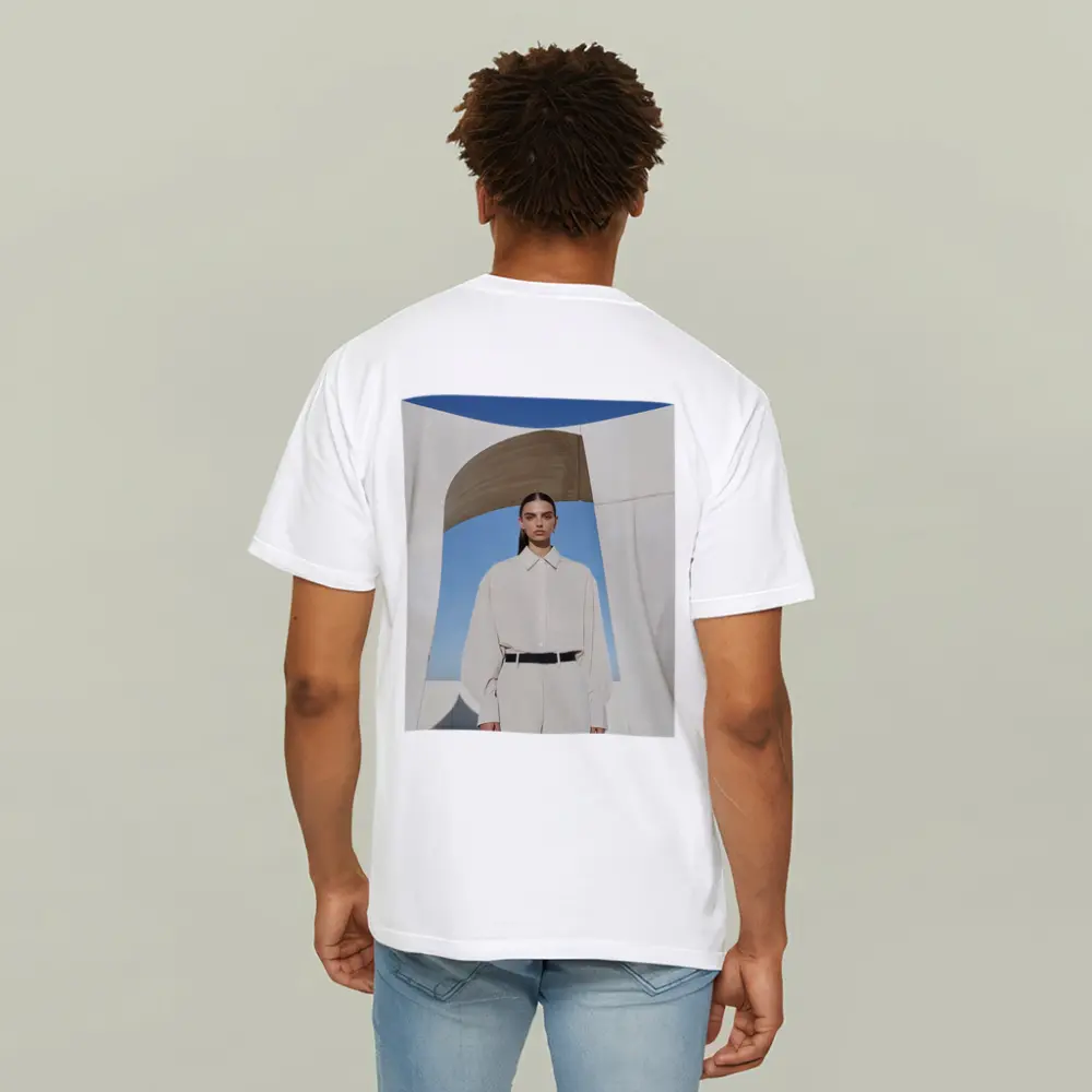 Woman Cream Outfit Minimalist Architectural Setting – T-Shirts
