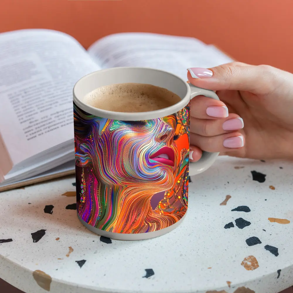 Colorful Swirling Paint Woman Face Art – Mugs