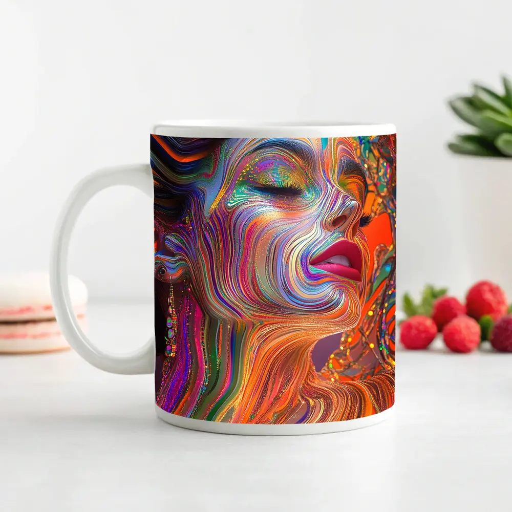 Colorful Swirling Paint Woman Face Art – Mugs