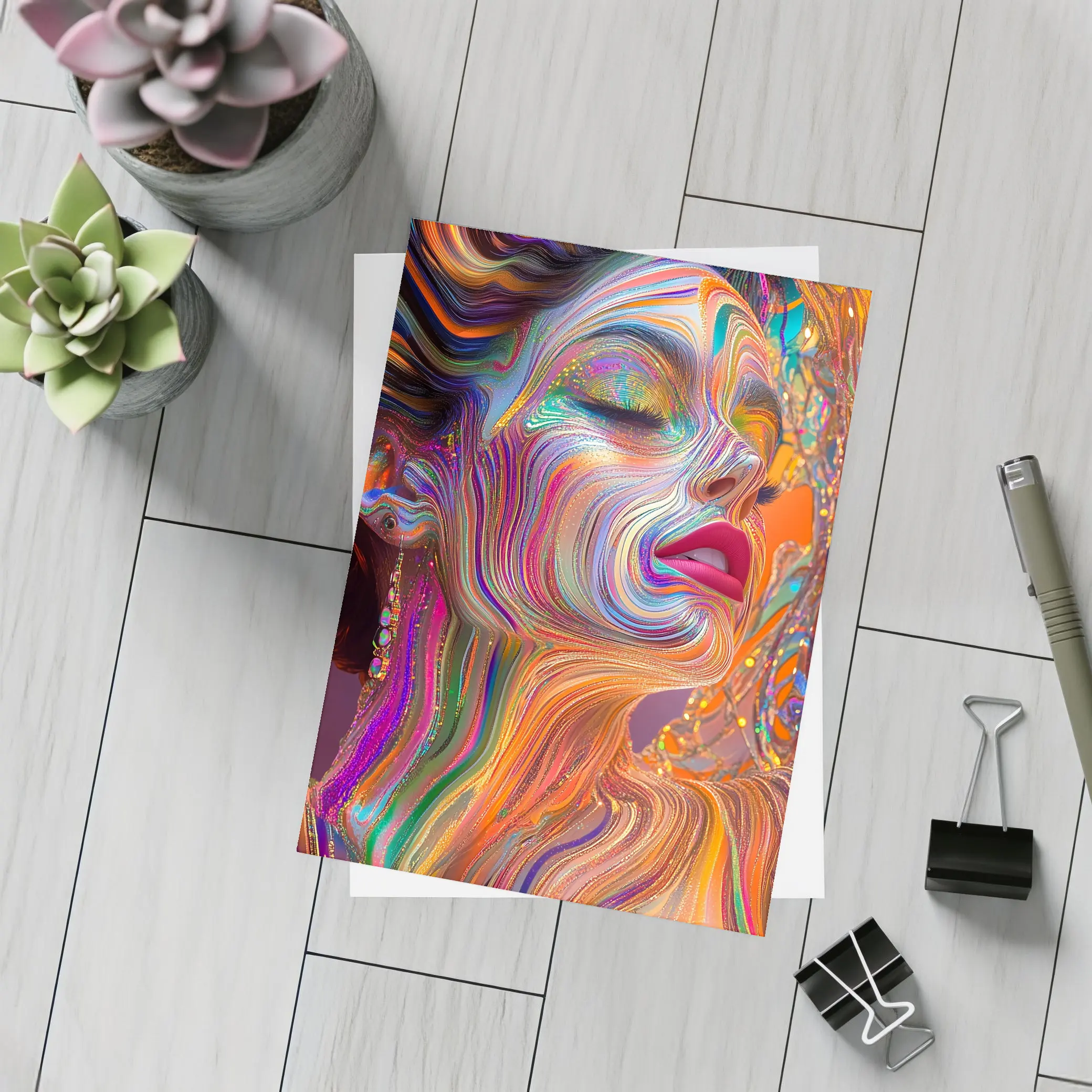 Colorful Swirling Paint Woman Face Art – Postcards