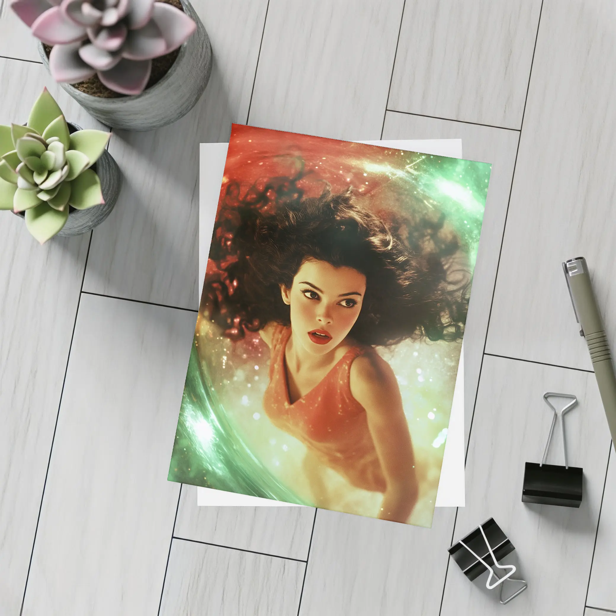 Woman Floating in Cosmic Swirl Fantasy – Postcards