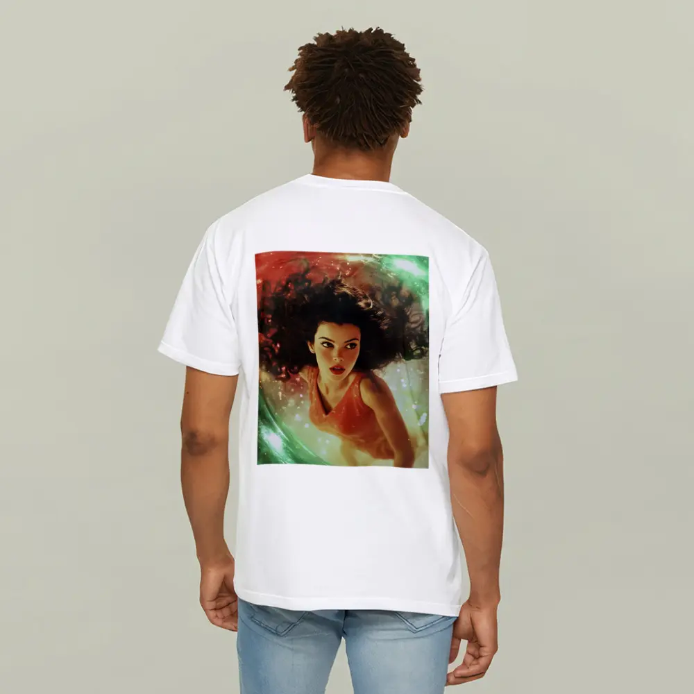 Woman Floating in Cosmic Swirl Fantasy – T-Shirts