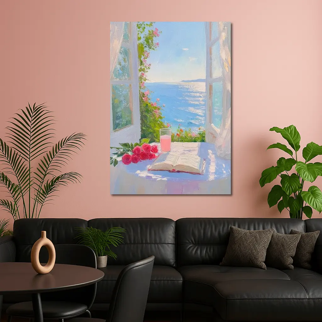 Oil Painting Roses Book Ocean Window View – Wall Art