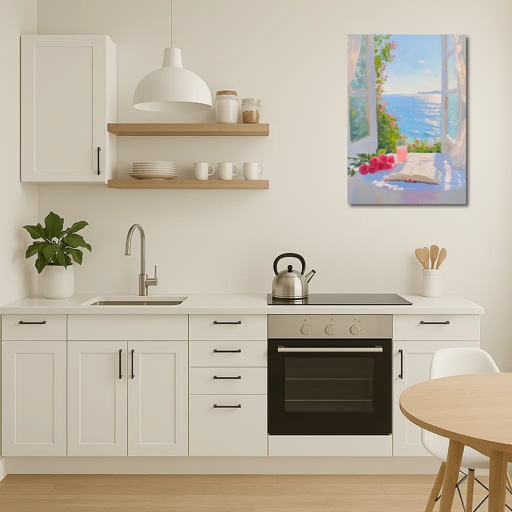 Oil Painting Roses Book Ocean Window View – Wall Art