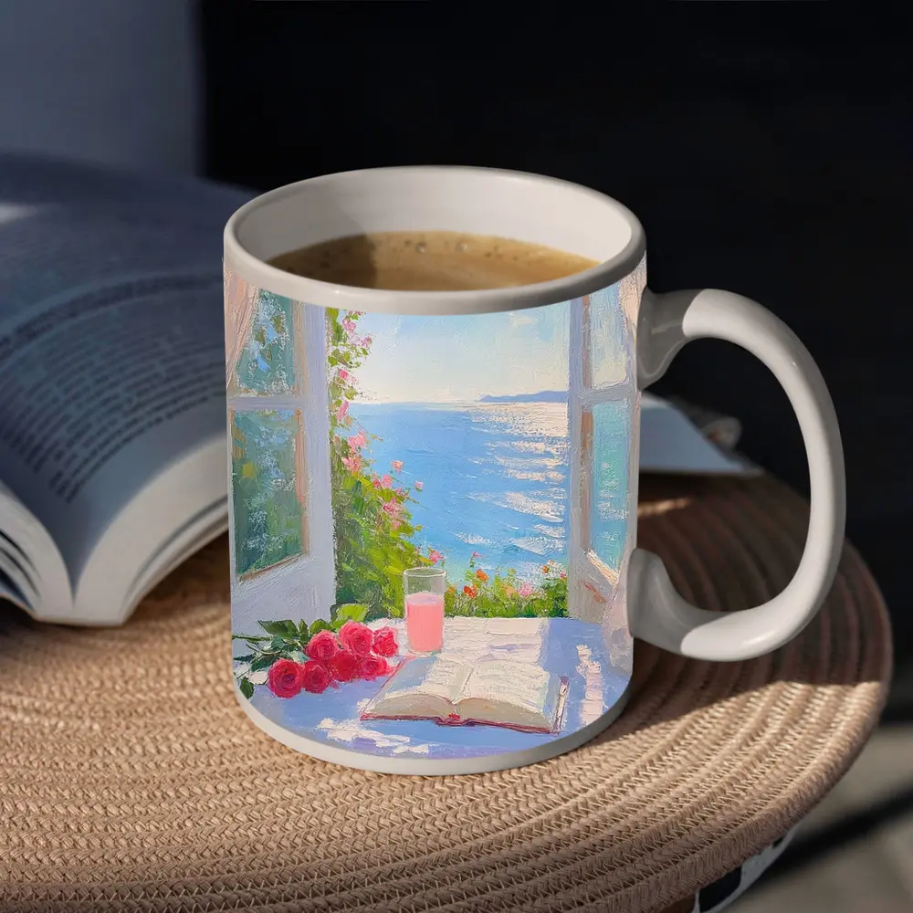 Oil Painting Roses Book Ocean Window View – Mugs