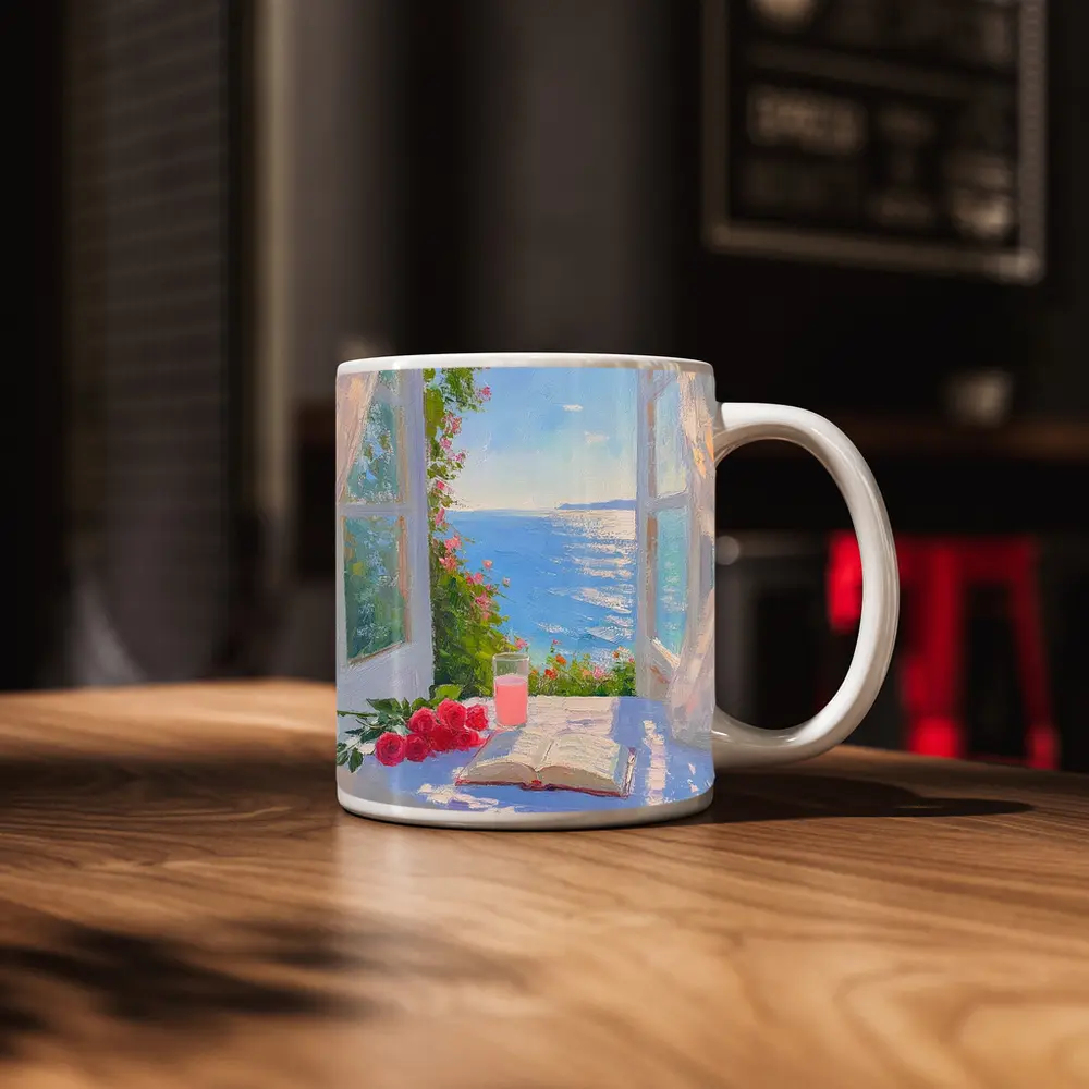 Oil Painting Roses Book Ocean Window View – Mugs