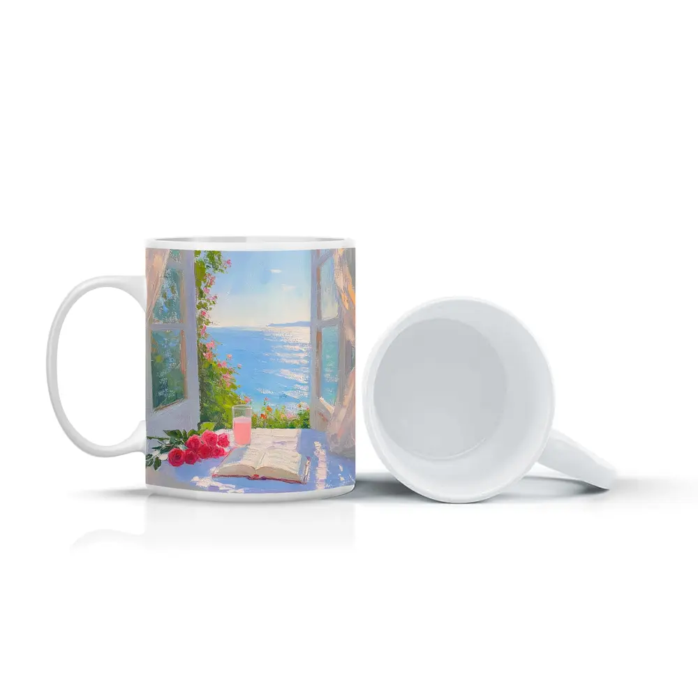 Oil Painting Roses Book Ocean Window View – Mugs