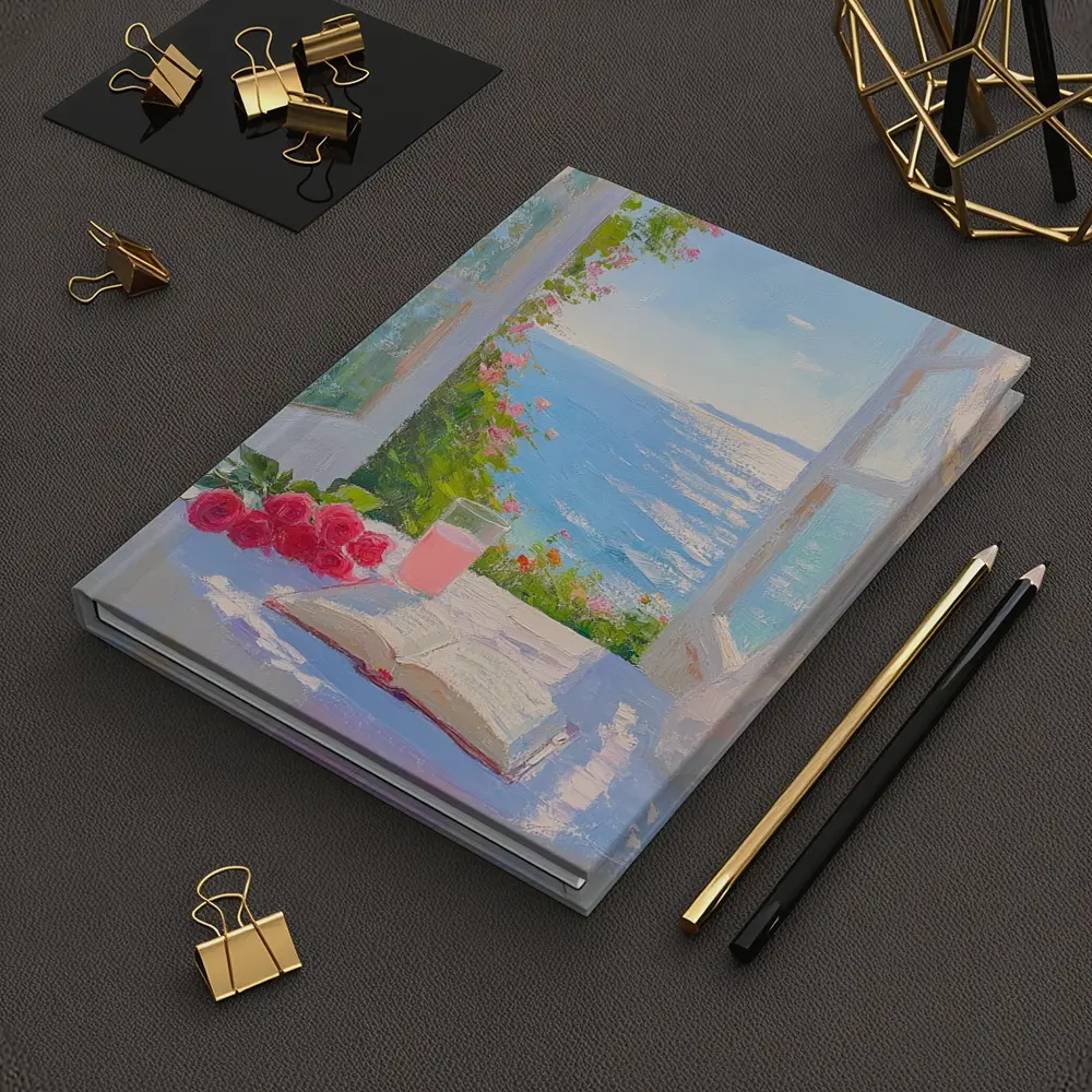Oil Painting Roses Book Ocean Window View – Notebooks