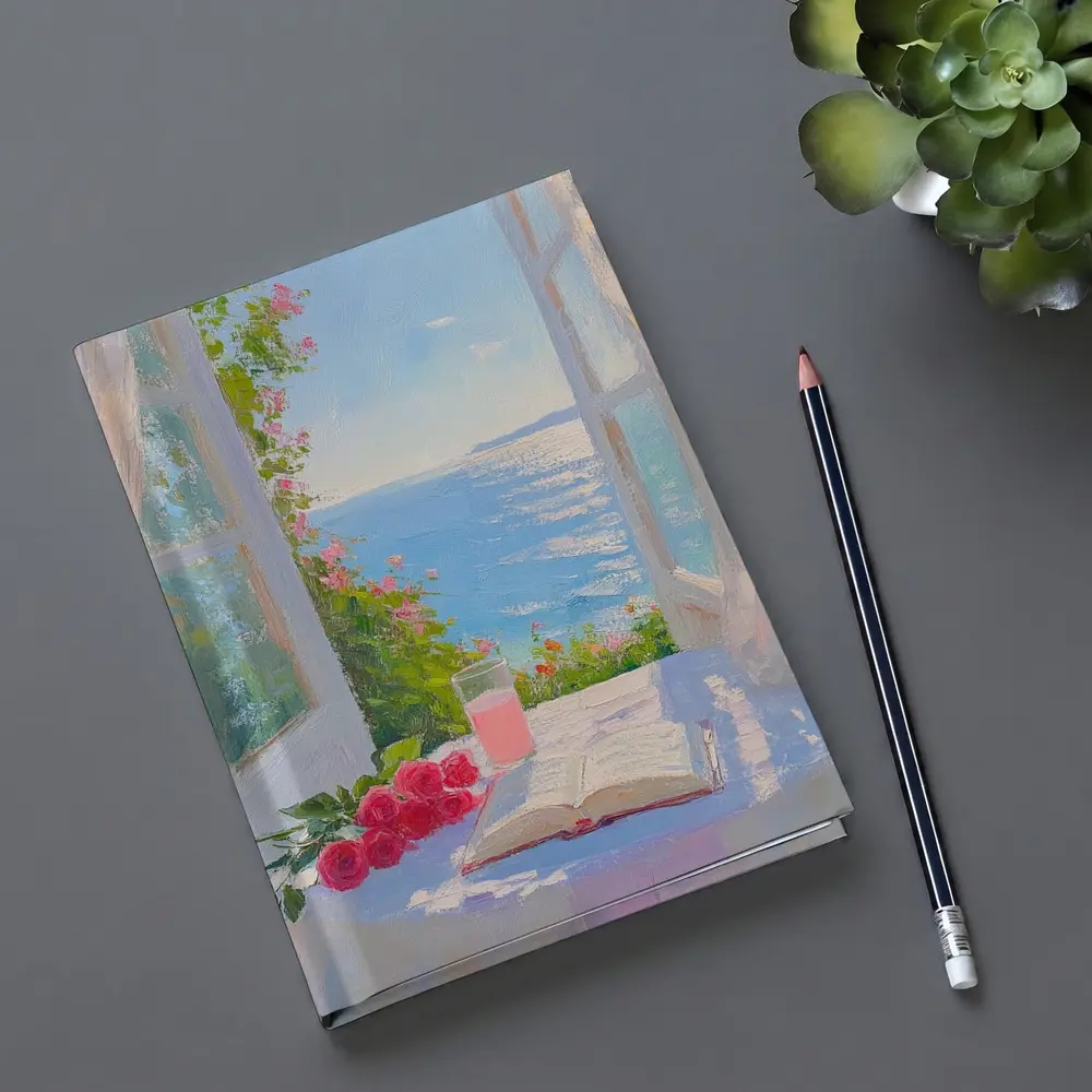 Oil Painting Roses Book Ocean Window View – Notebooks