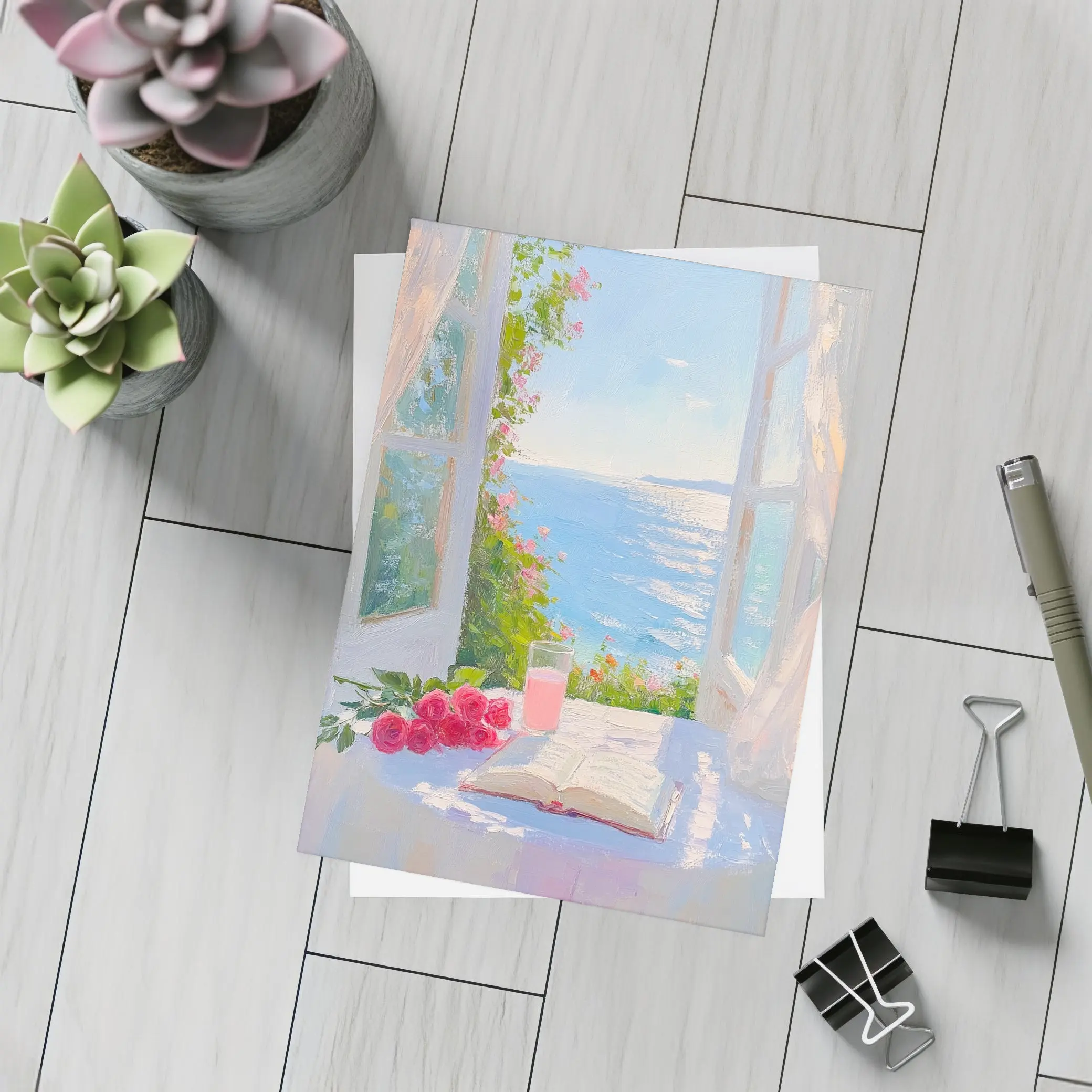 Oil Painting Roses Book Ocean Window View – Postcards