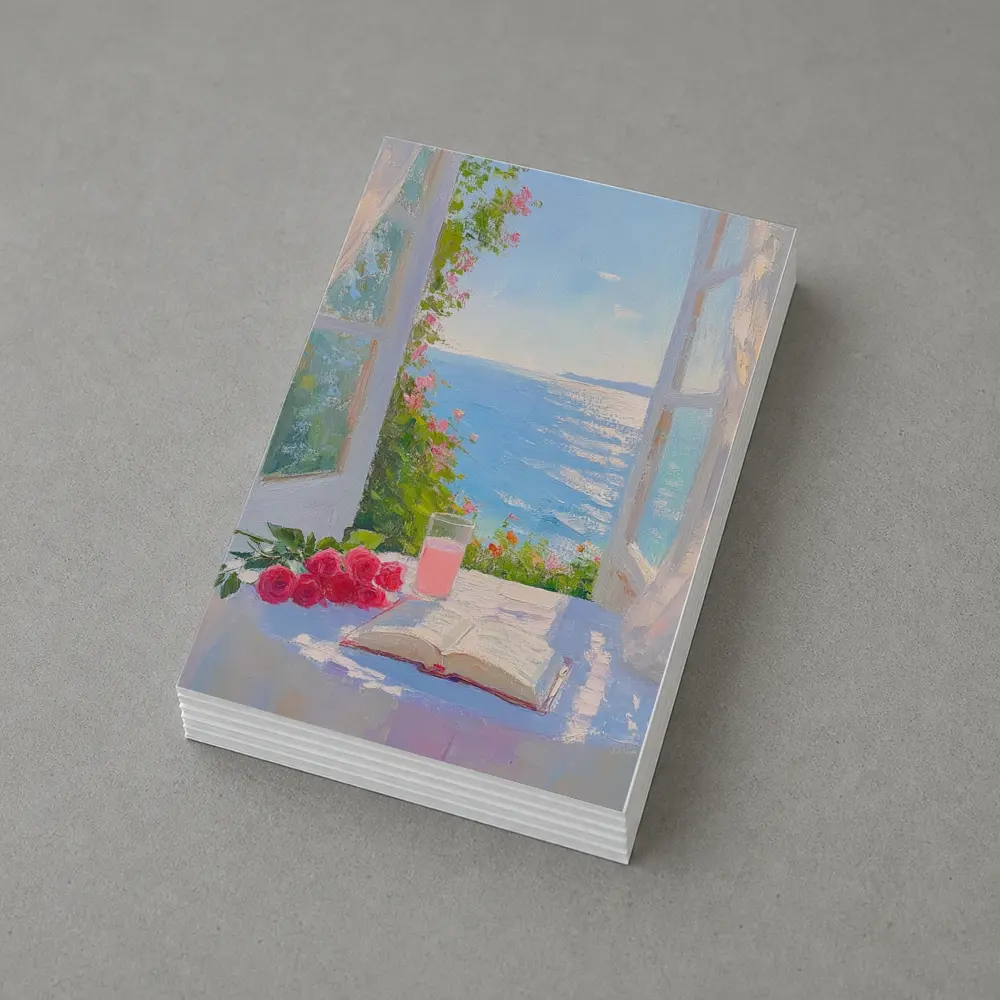 Oil Painting Roses Book Ocean Window View – Postcards