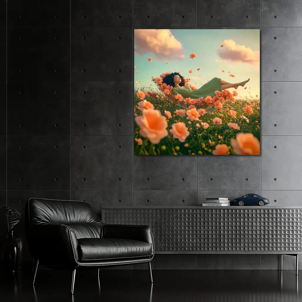 Woman Resting in Dreamy Orange Flower Field – Wall Art