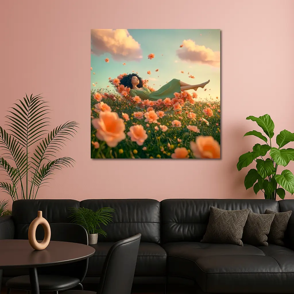 Woman Resting in Dreamy Orange Flower Field – Wall Art