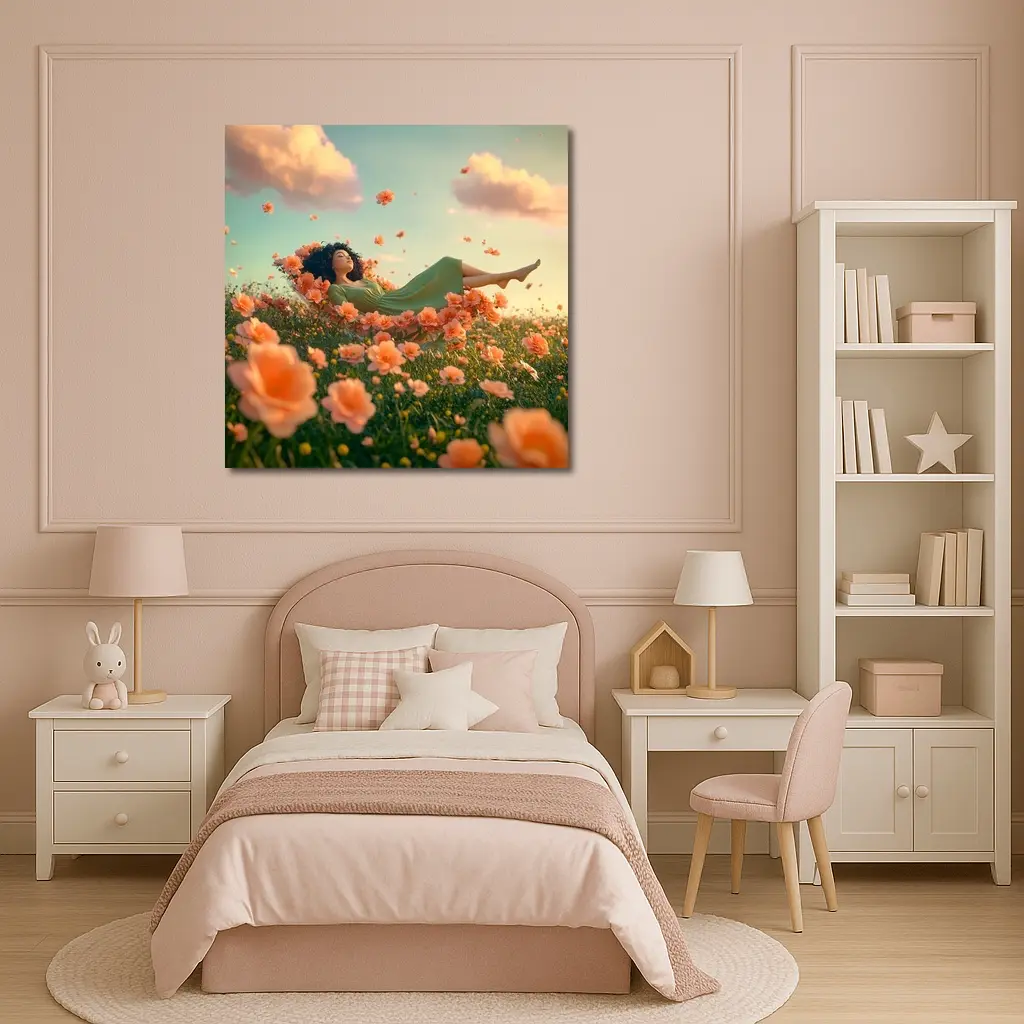 Woman Resting in Dreamy Orange Flower Field – Wall Art