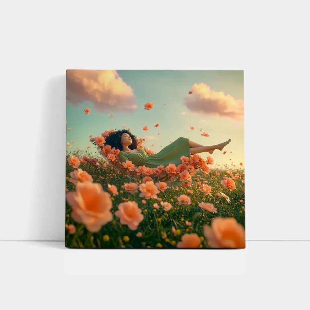 Woman Resting in Dreamy Orange Flower Field – Wall Art