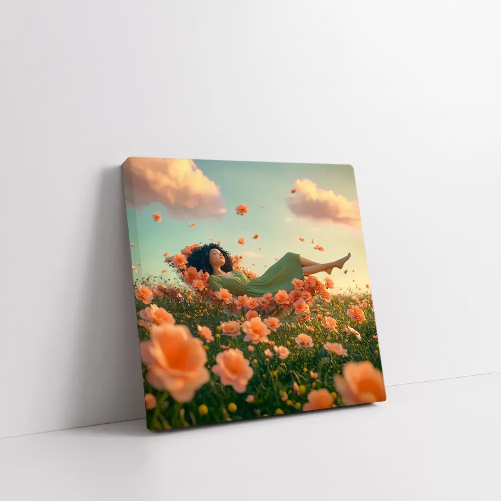 Woman Resting in Dreamy Orange Flower Field – Wall Art