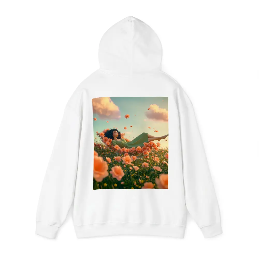 Woman Resting in Dreamy Orange Flower Field – Hoodies