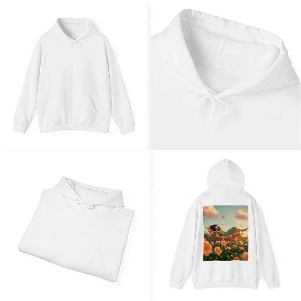 Woman Resting in Dreamy Orange Flower Field – Hoodies