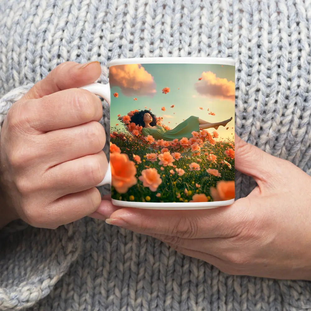 Woman Resting in Dreamy Orange Flower Field – Mugs