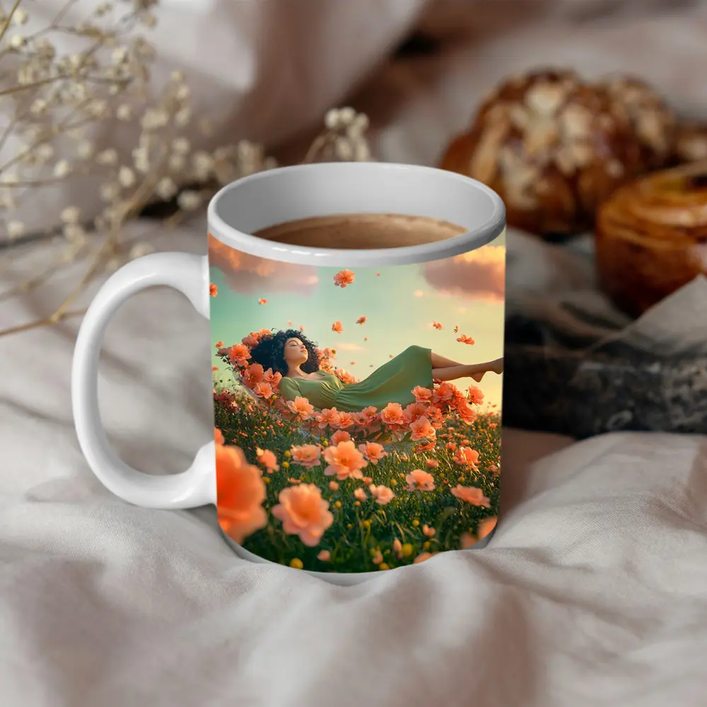 Woman Resting in Dreamy Orange Flower Field – Mugs