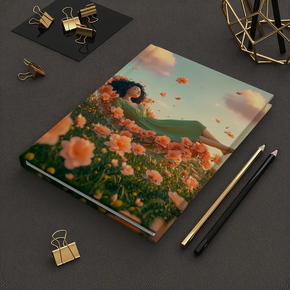 Woman Resting in Dreamy Orange Flower Field – Notebooks