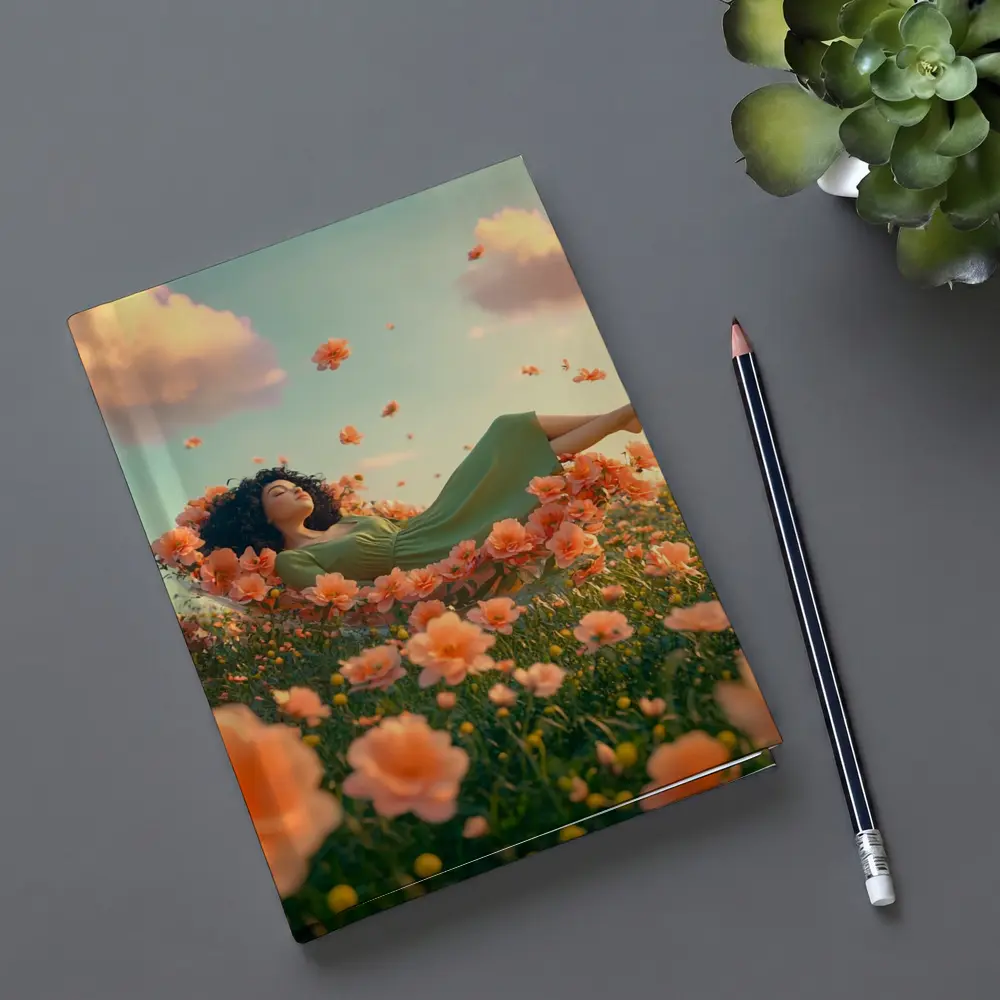 Woman Resting in Dreamy Orange Flower Field – Notebooks