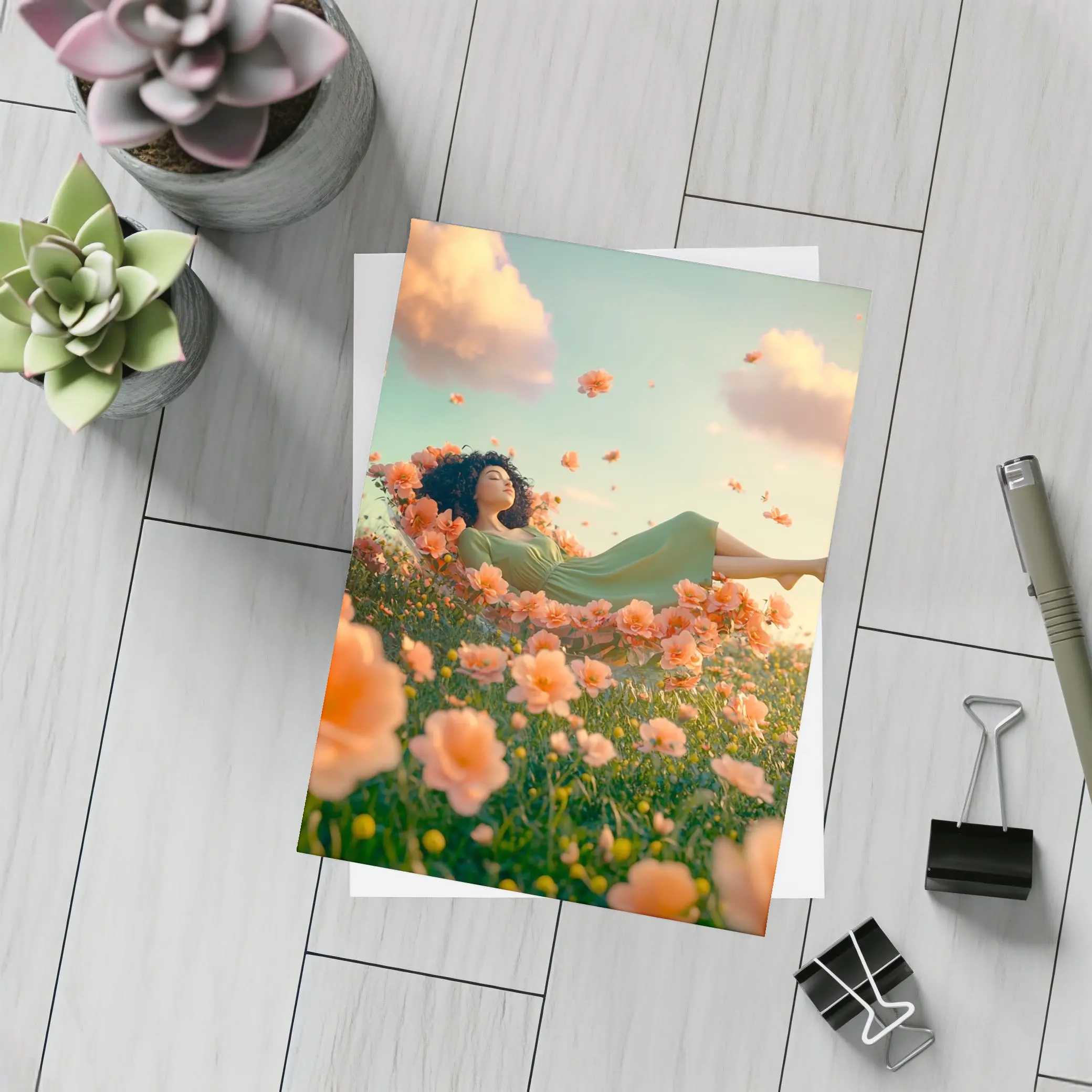 Woman Resting in Dreamy Orange Flower Field – Postcards