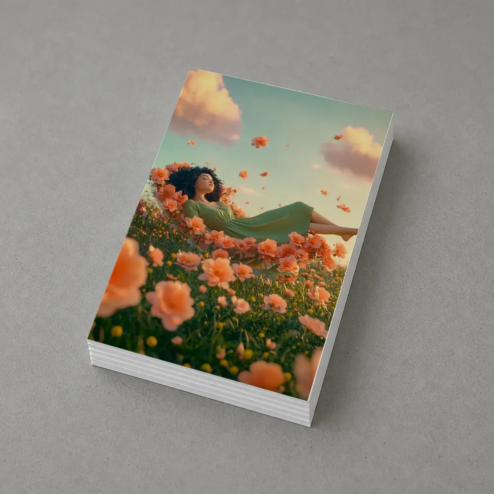 Woman Resting in Dreamy Orange Flower Field – Postcards