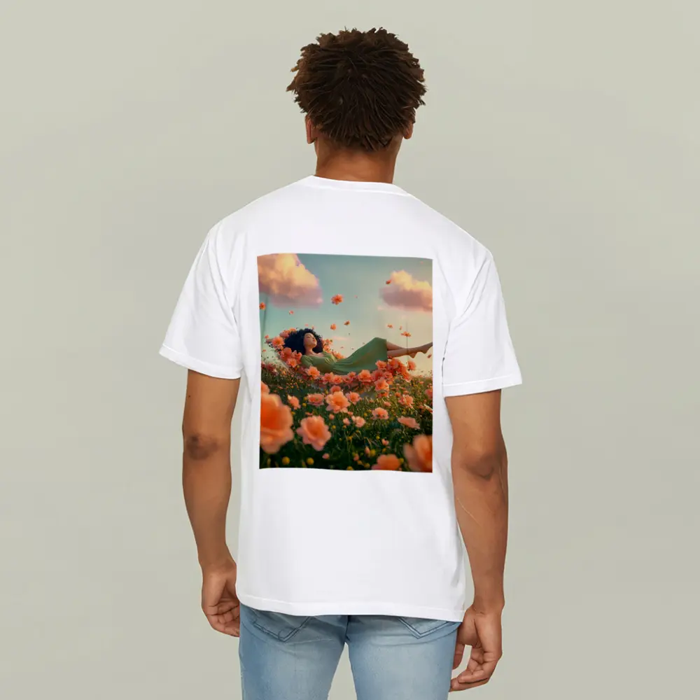 Woman Resting in Dreamy Orange Flower Field – T-Shirts