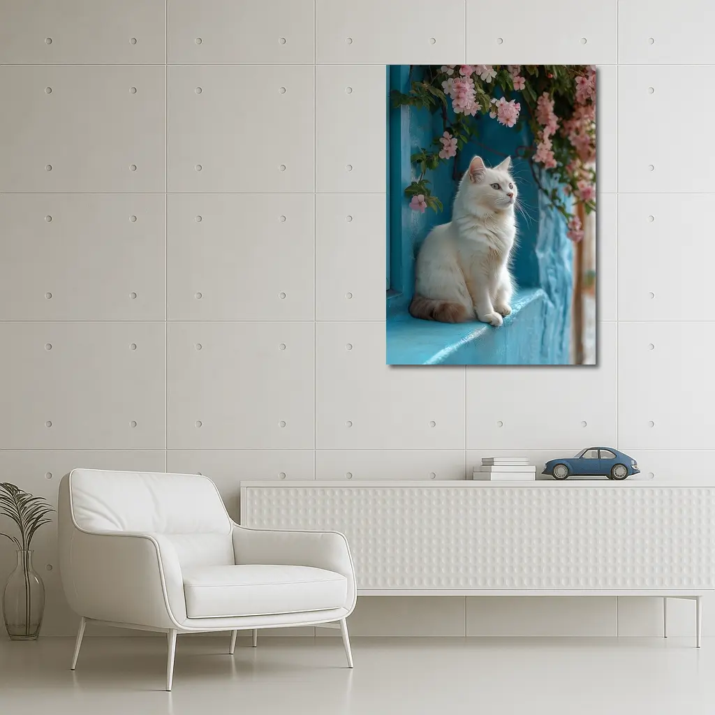 White Cat Sitting on Blue Window Ledge – Wall Art