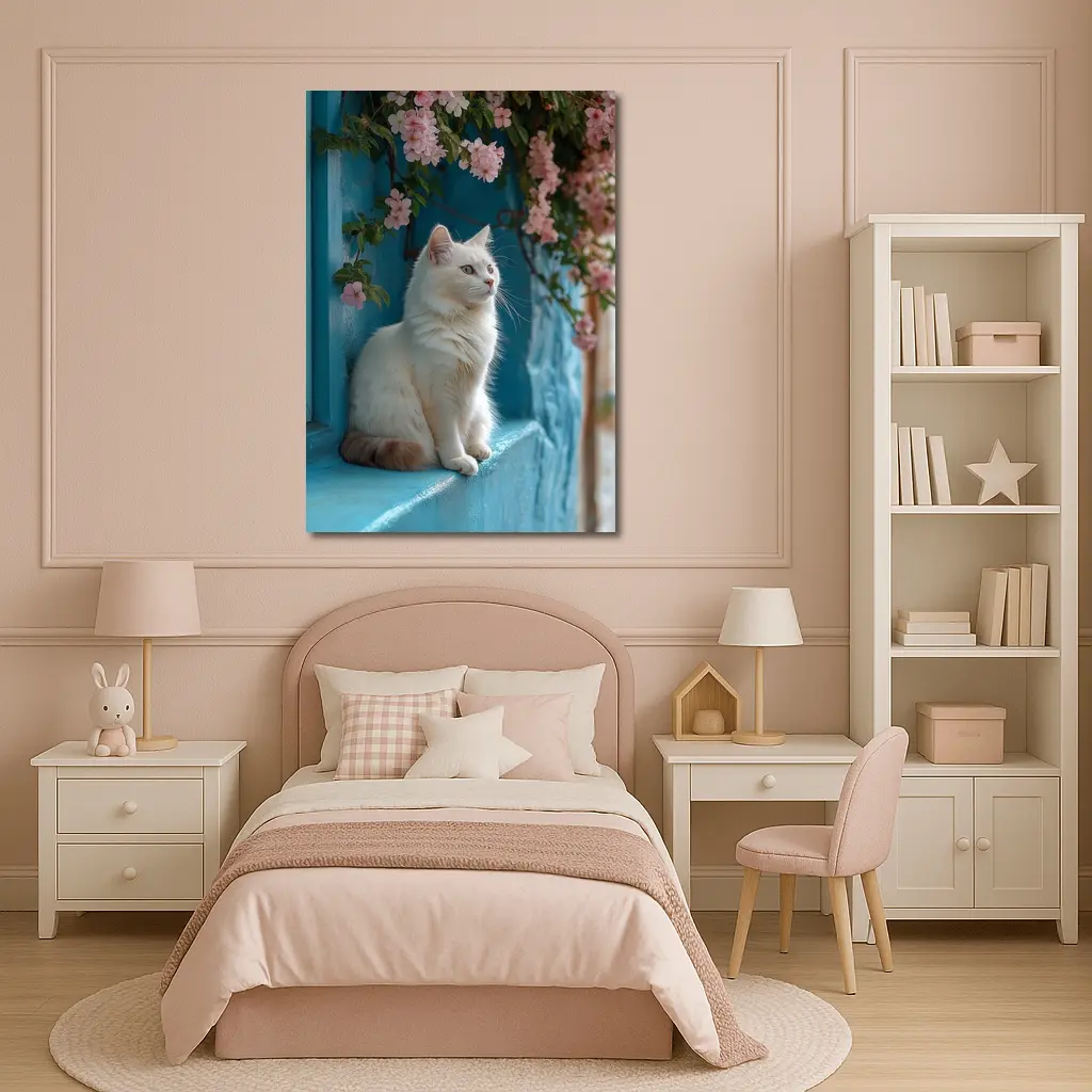 White Cat Sitting on Blue Window Ledge – Wall Art