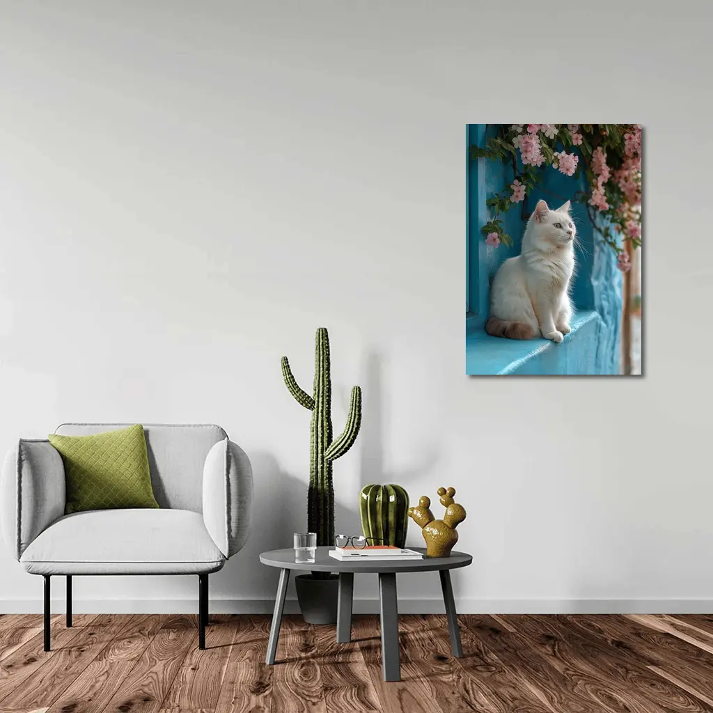 White Cat Sitting on Blue Window Ledge – Wall Art
