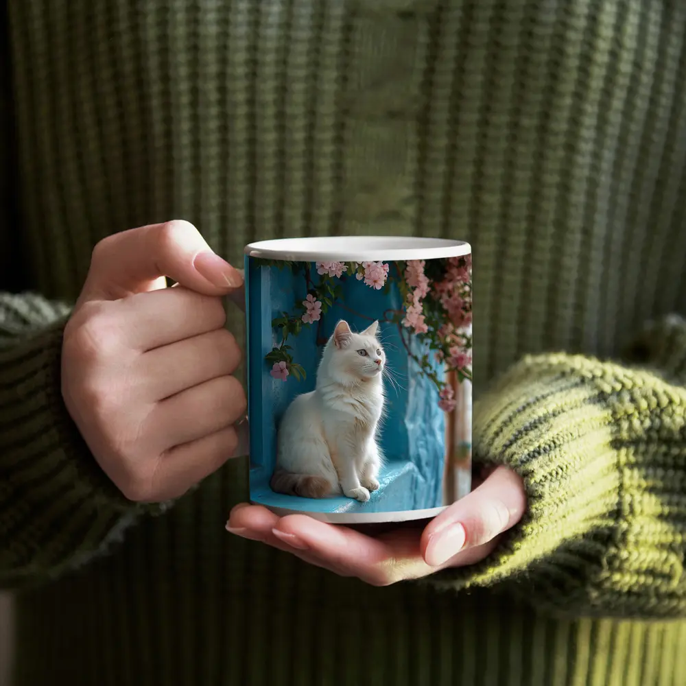 White Cat Sitting on Blue Window Ledge – Mugs