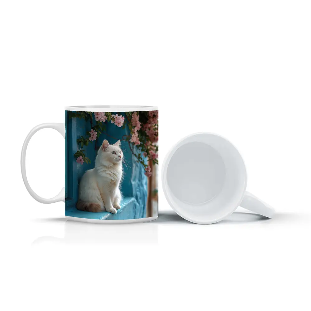 White Cat Sitting on Blue Window Ledge – Mugs