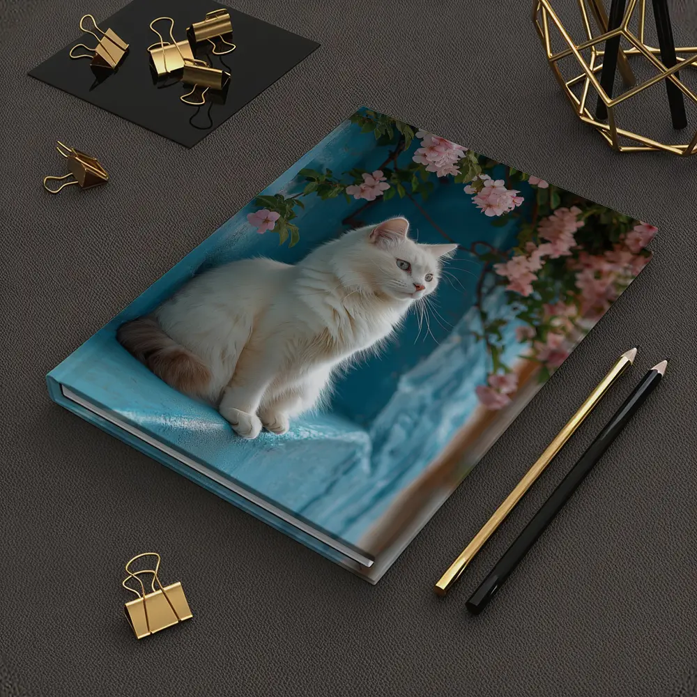White Cat Sitting on Blue Window Ledge – Notebooks