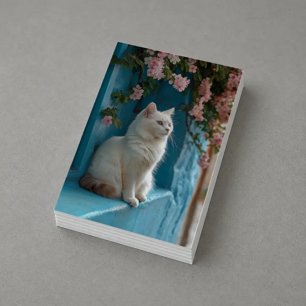 White Cat Sitting on Blue Window Ledge – Postcards