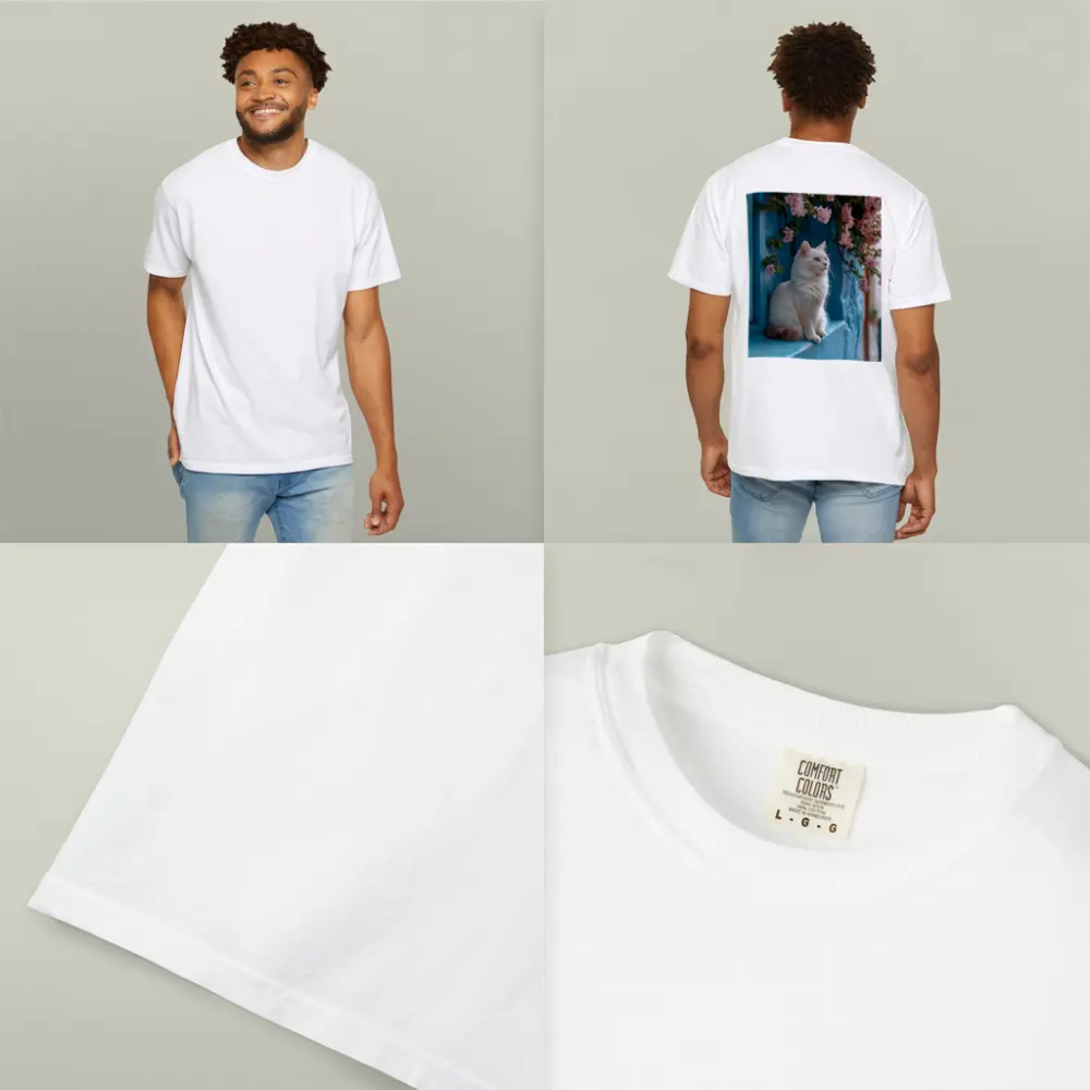 White Cat Sitting on Blue Window Ledge – T-Shirts