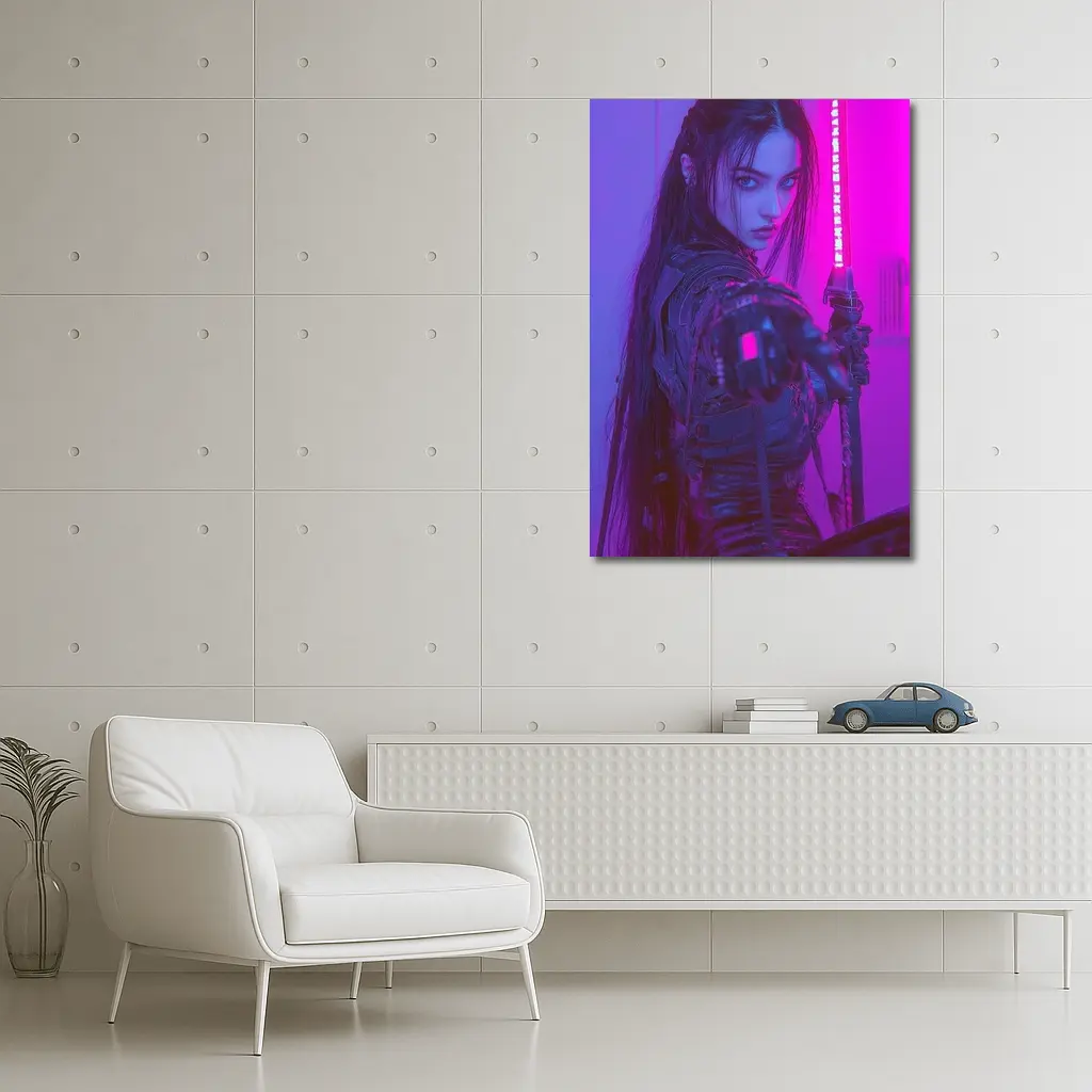 Cyberpunk Warrior Woman Neon Purple Light – Wall Art