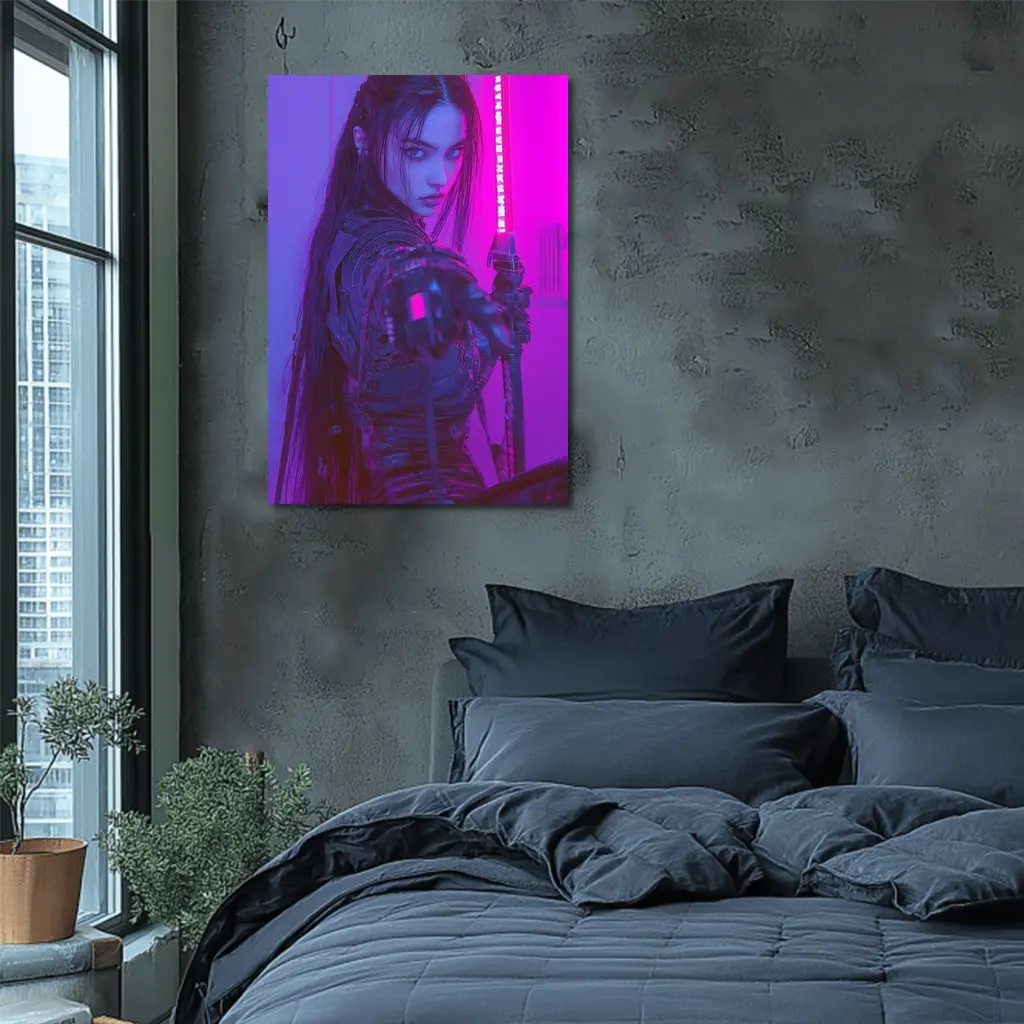 Cyberpunk Warrior Woman Neon Purple Light – Wall Art