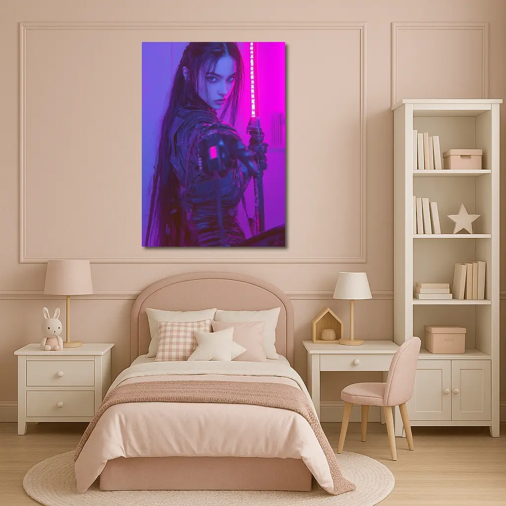 Cyberpunk Warrior Woman Neon Purple Light – Wall Art