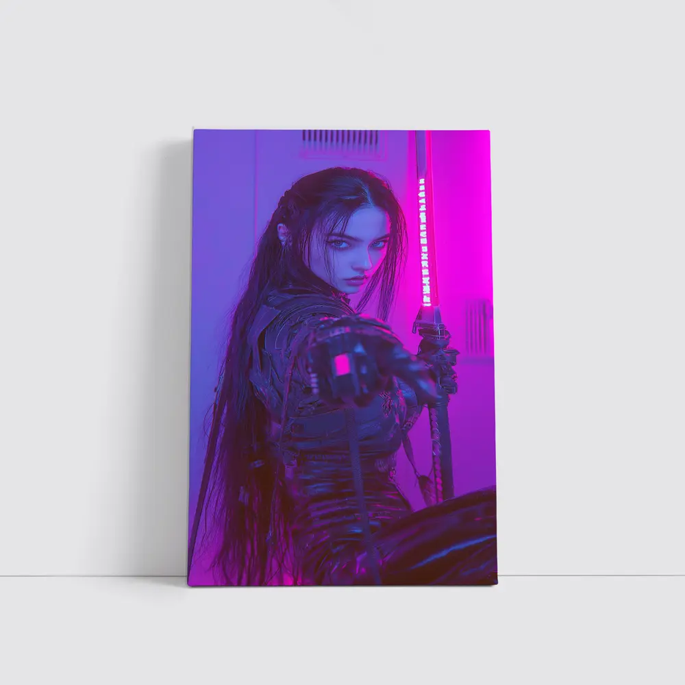 Cyberpunk Warrior Woman Neon Purple Light – Wall Art