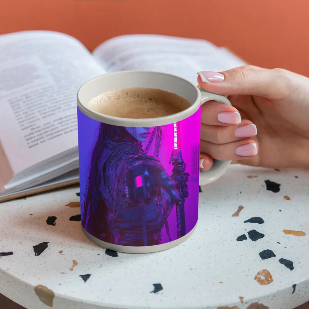 Cyberpunk Warrior Woman Neon Purple Light – Mugs