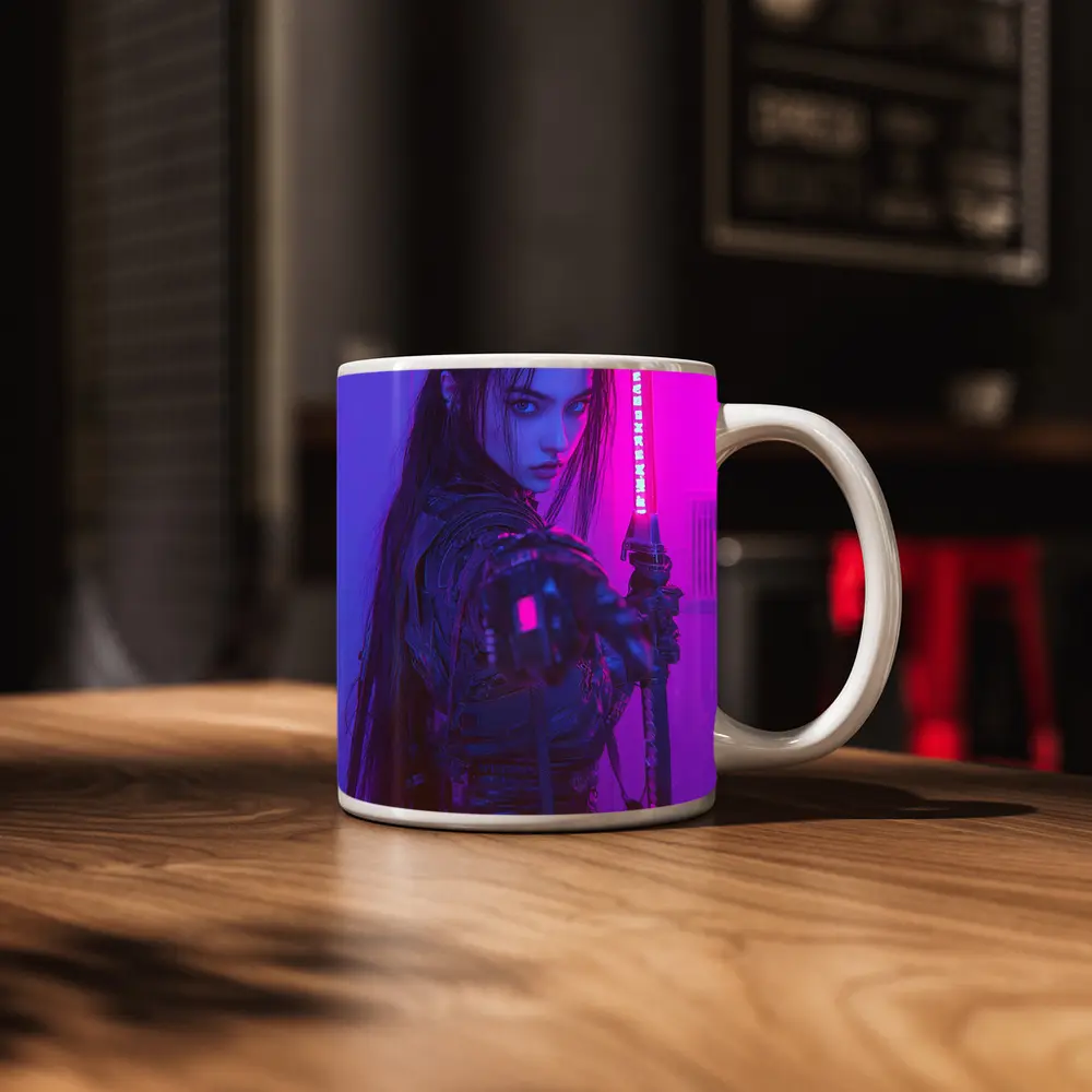 Cyberpunk Warrior Woman Neon Purple Light – Mugs
