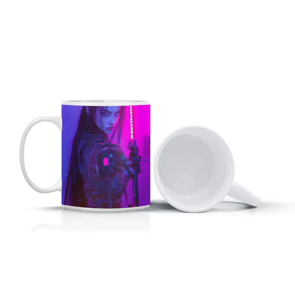 Cyberpunk Warrior Woman Neon Purple Light – Mugs